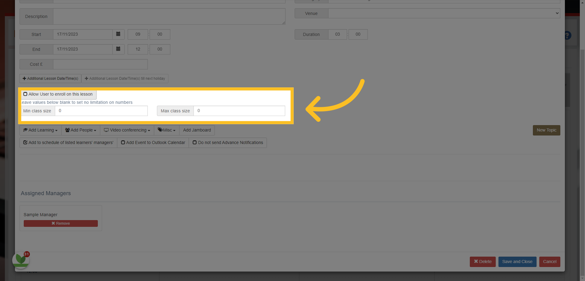 'Allow user to enrol on this lesson' - if this is checked, then the event will be available for any user to enrol on the event