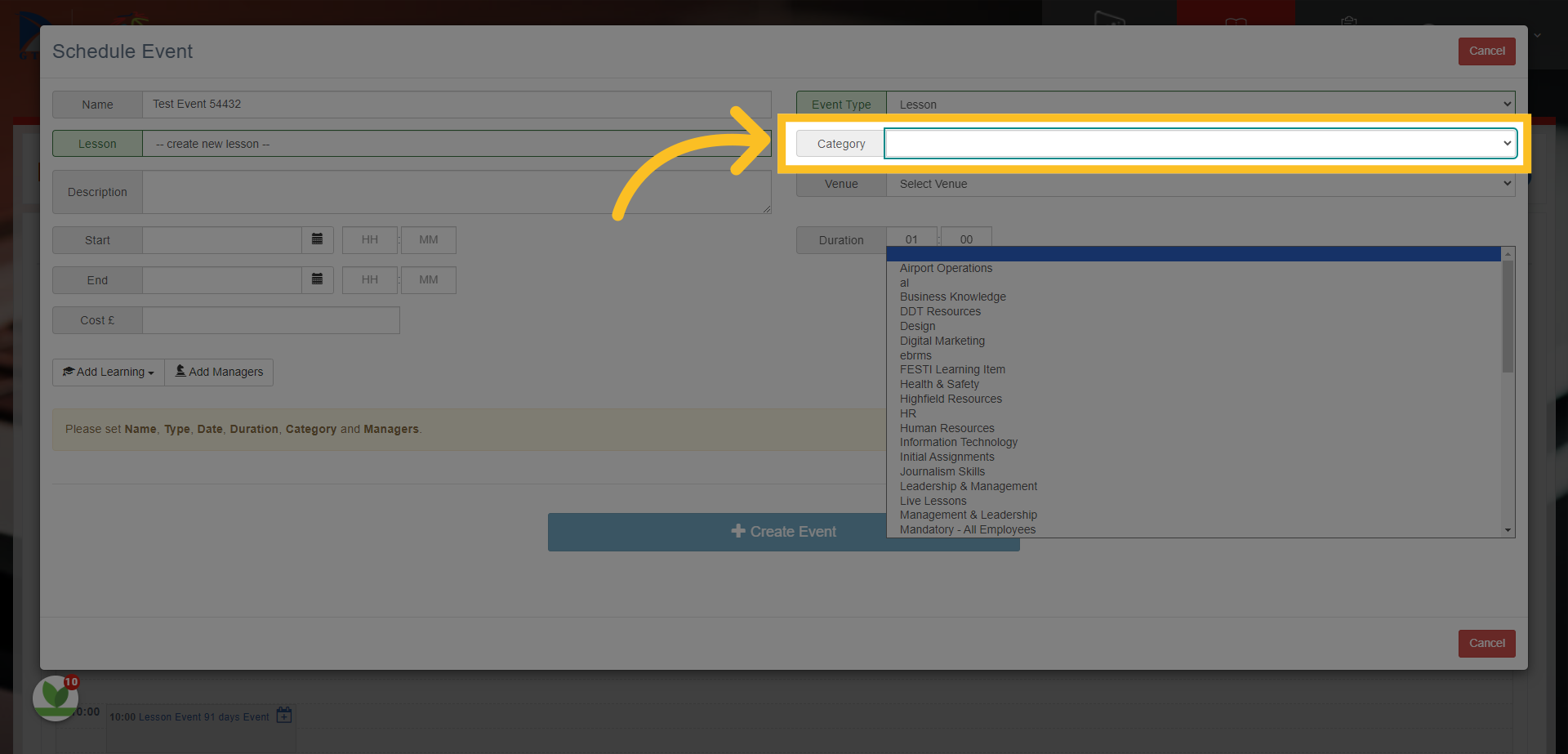 If you choose from an existing lesson template, then the category box here will already be completed. However, if you are creating a new lesson, you will have to select an appropriate category from the list to map the lesson against.