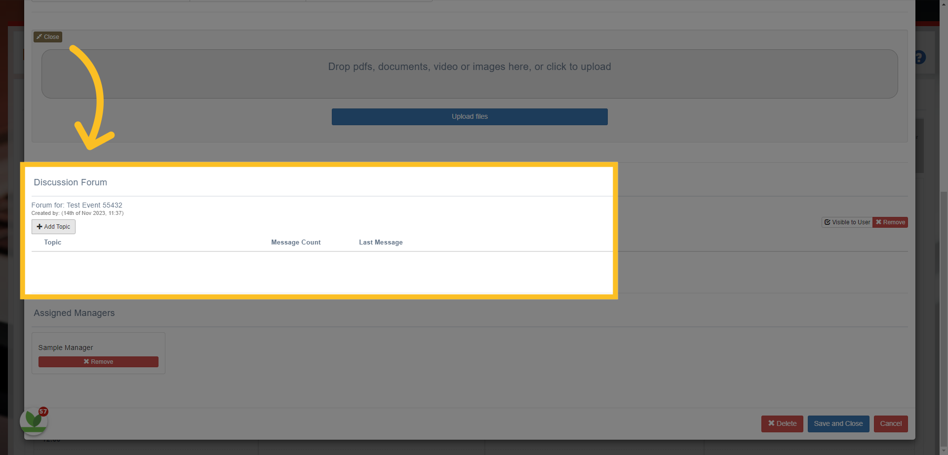 Select the Add Topic option to create questions or discussion topics learners can respond to.