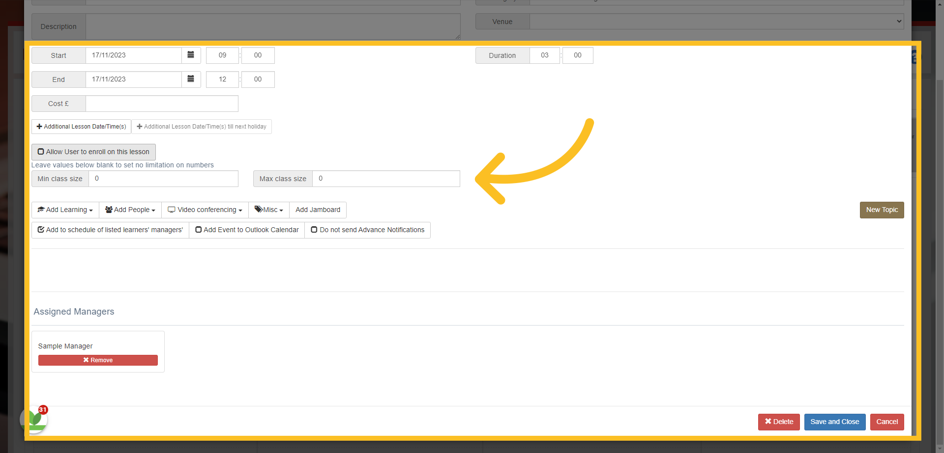 You will now have the option to add further elements to the event.