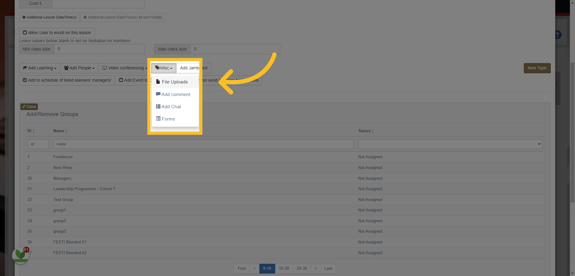The 'Misc' (miscellaneous) button allows you to add documents to the event through the File Uploads option. You can attach multiple documents if you require.