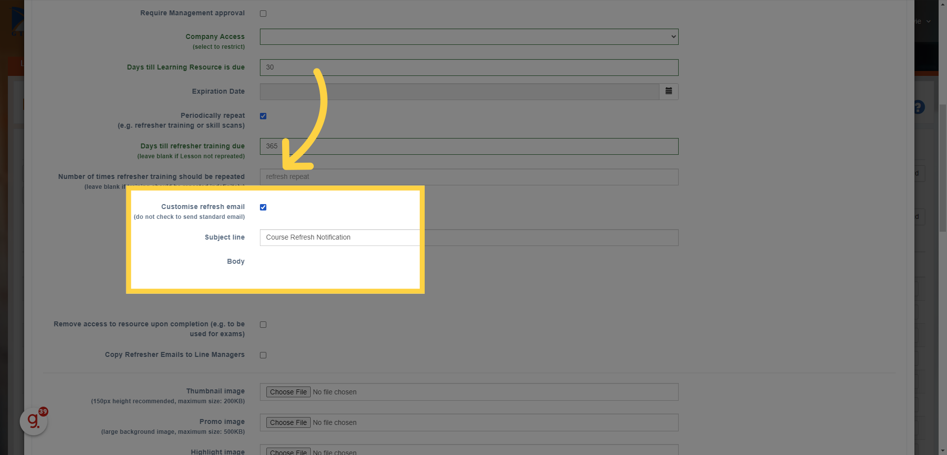 You can also 'Customise' the email that is sent to users when they need to re-do the learning again.