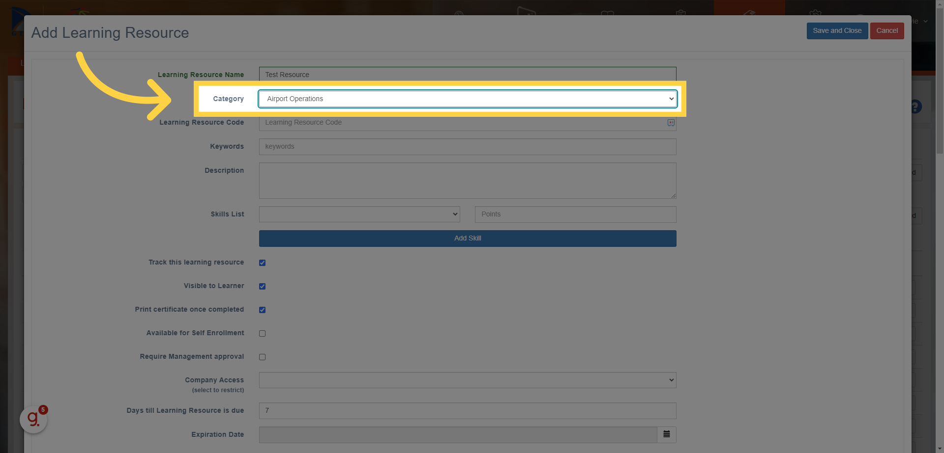 Select a 'Category' from the drop down list