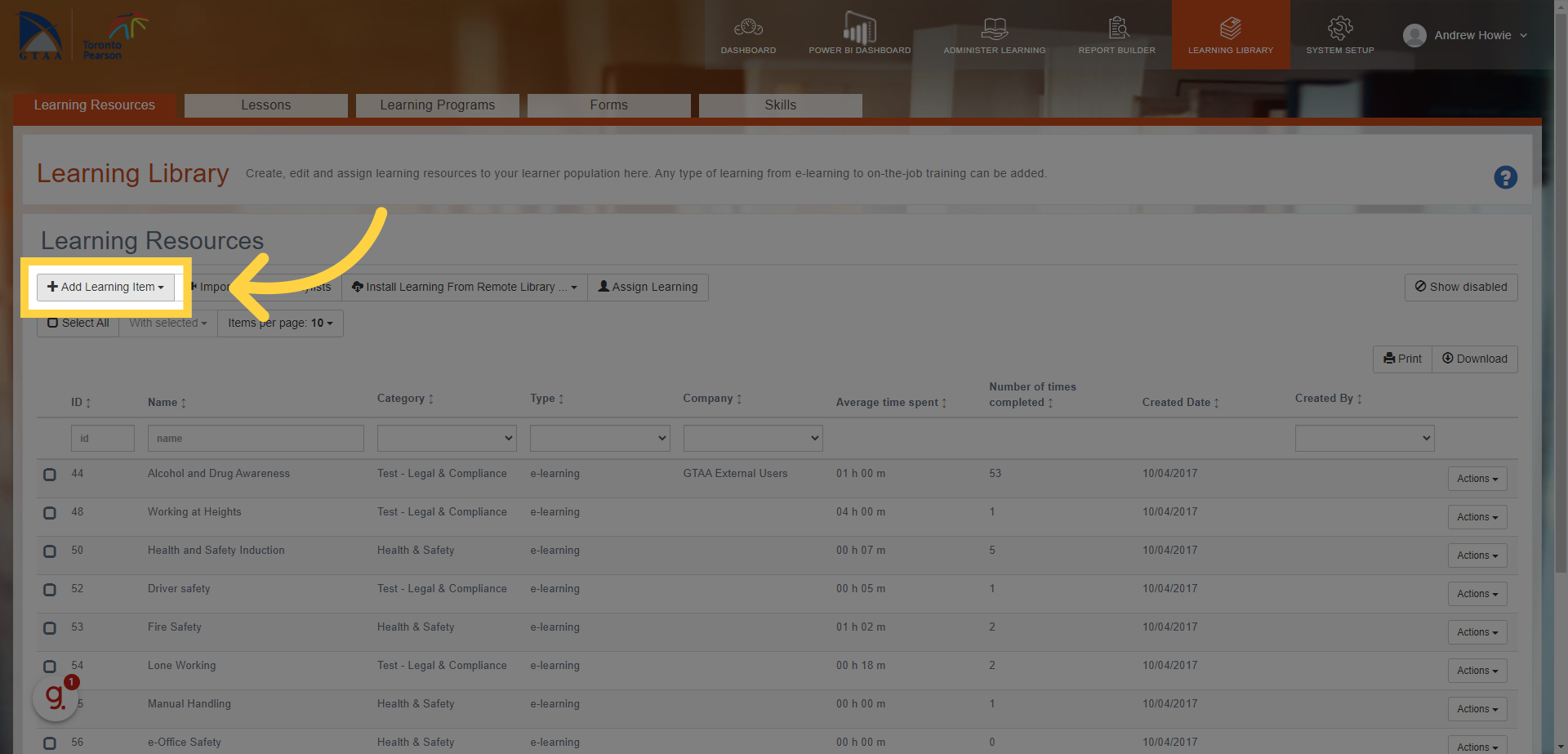 This opens up your learning library page where you can find all your learning resources.
Navigate to the 'Add Learning Item' option and click on it.