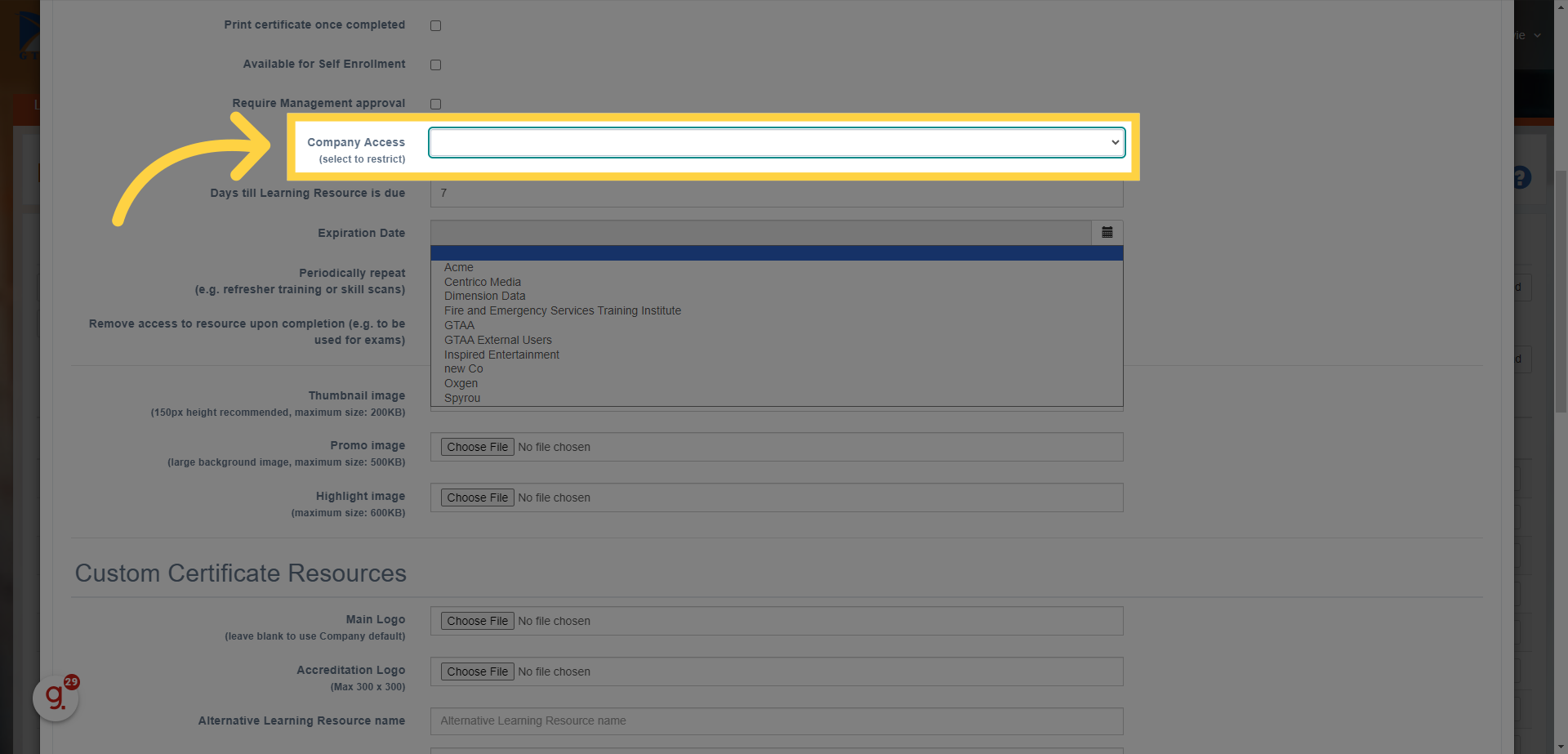 Click on a Company in the drop down list if you want to restrict the resource to just 1 company. Leave blank if you want to allow access to all or multiple companies.