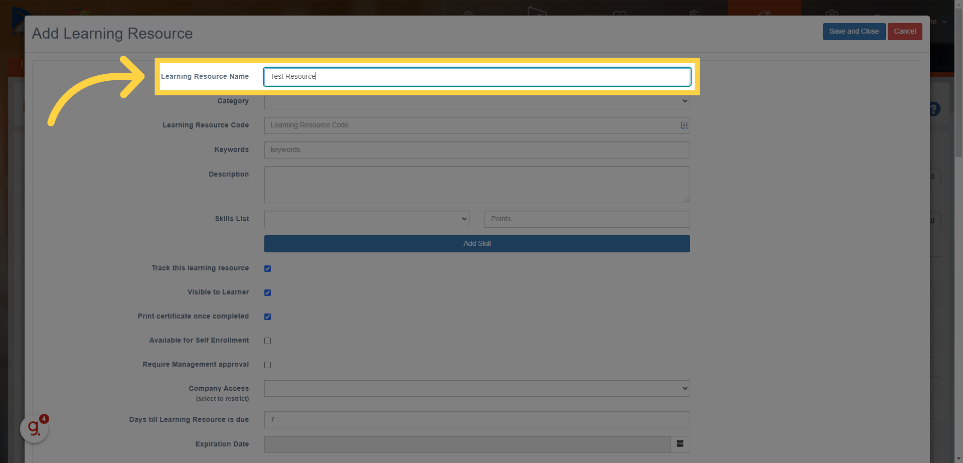 Enter the name of the resource you are adding to the library