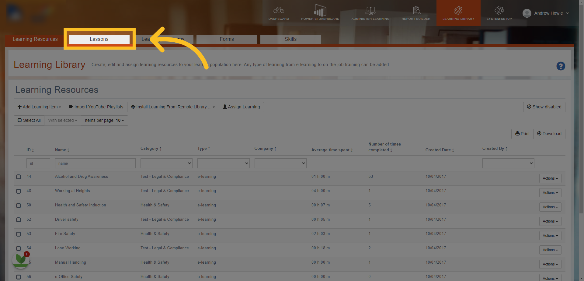 Click on the 'Lessons' tab here