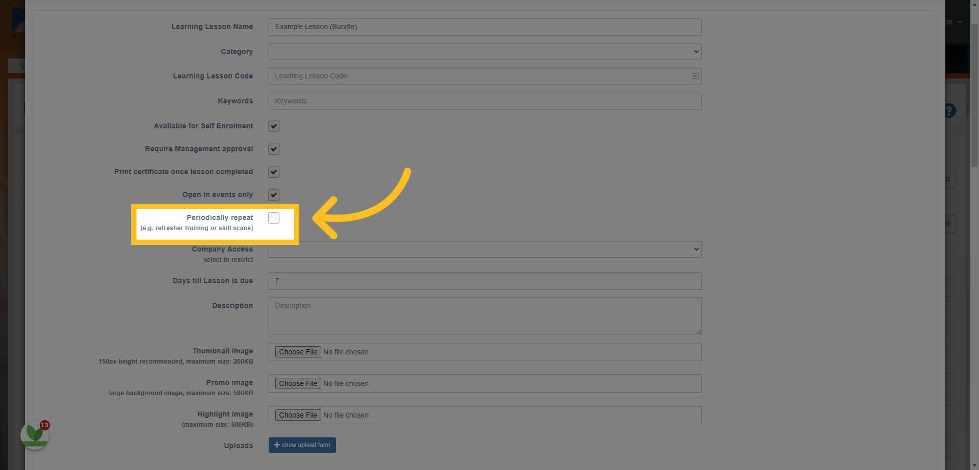 'Periodically Repeat' is used if you want to refresh the lesson over a period of time i.e. every year- this would refresh the status of the lesson every year so that the user would have to do it again.